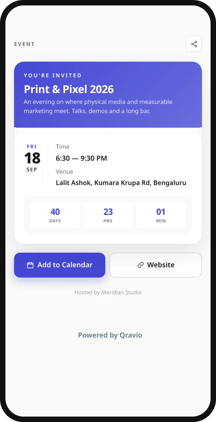 A phone showing an event invite with date, venue, a live countdown and an Add to Calendar button.