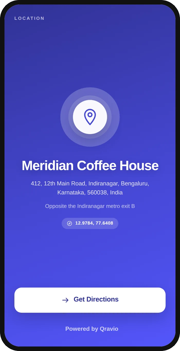 A phone showing a location page with the address, a landmark note and a Get Directions button.