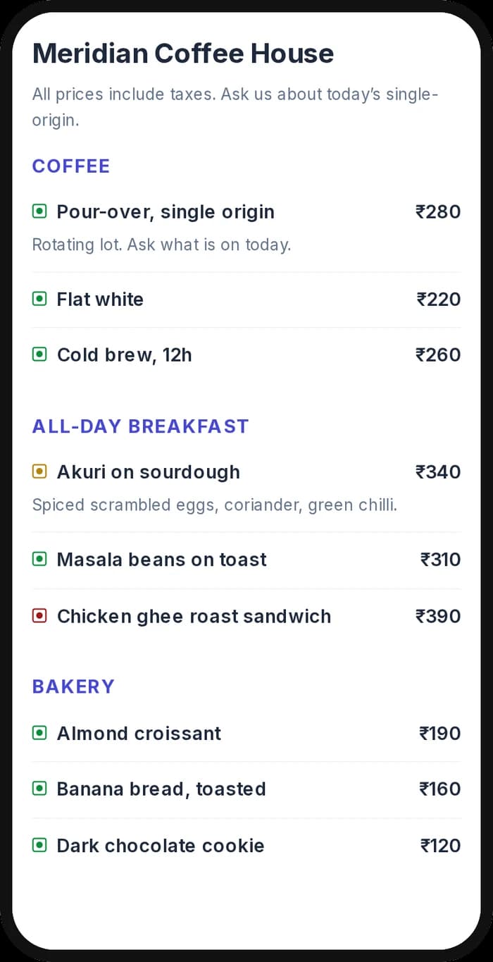A phone showing a restaurant menu with categories, dish descriptions, prices and diet marks.