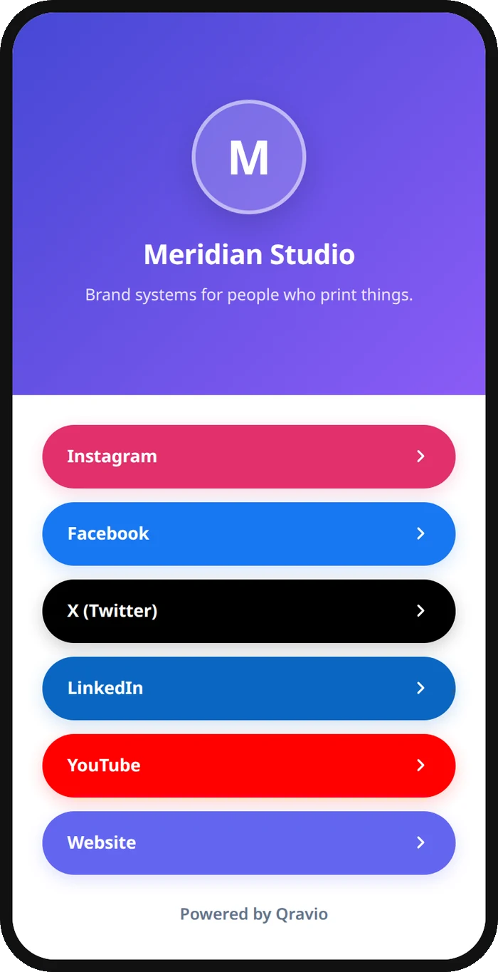 A phone showing a social profile page with Instagram, Facebook, X, LinkedIn and YouTube buttons.