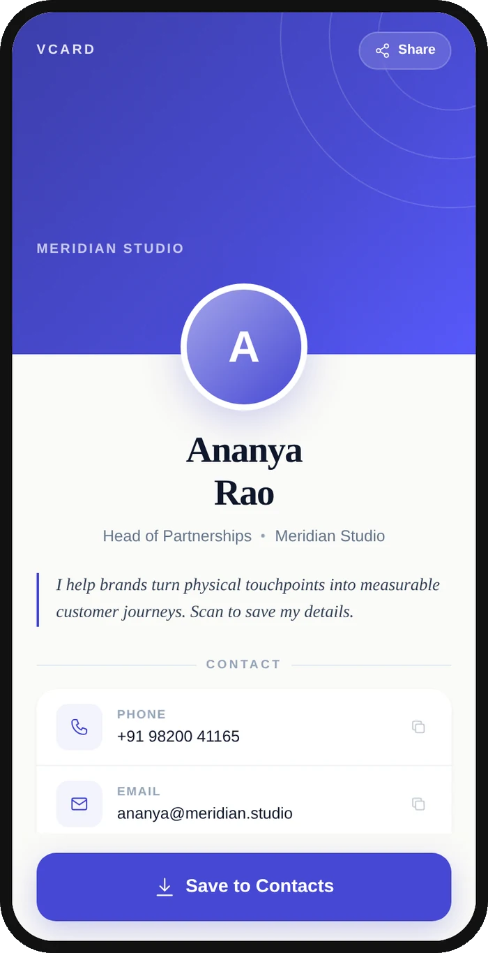 A phone showing a Qravio vCard landing page with a contact photo placeholder, job title, bio, phone, email and a Save to Contacts button.